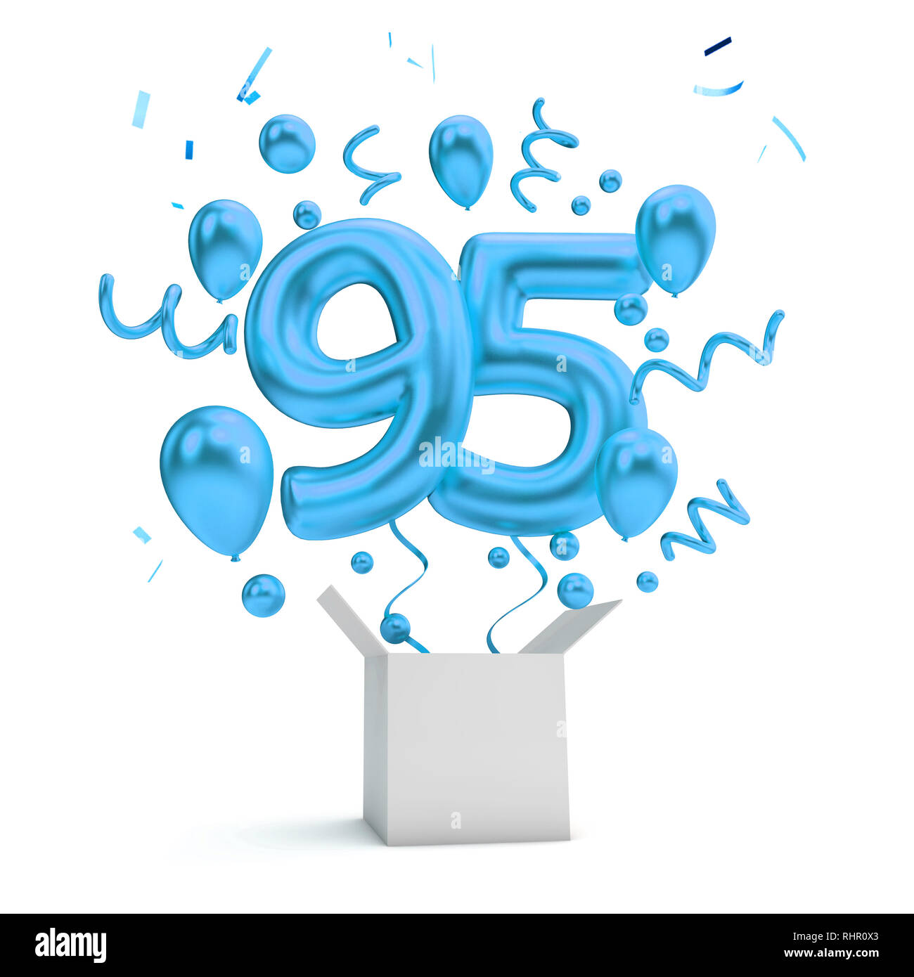 Happy 95th birthday blue surprise balloon and box. 3D Rendering Stock Photo  - Alamy