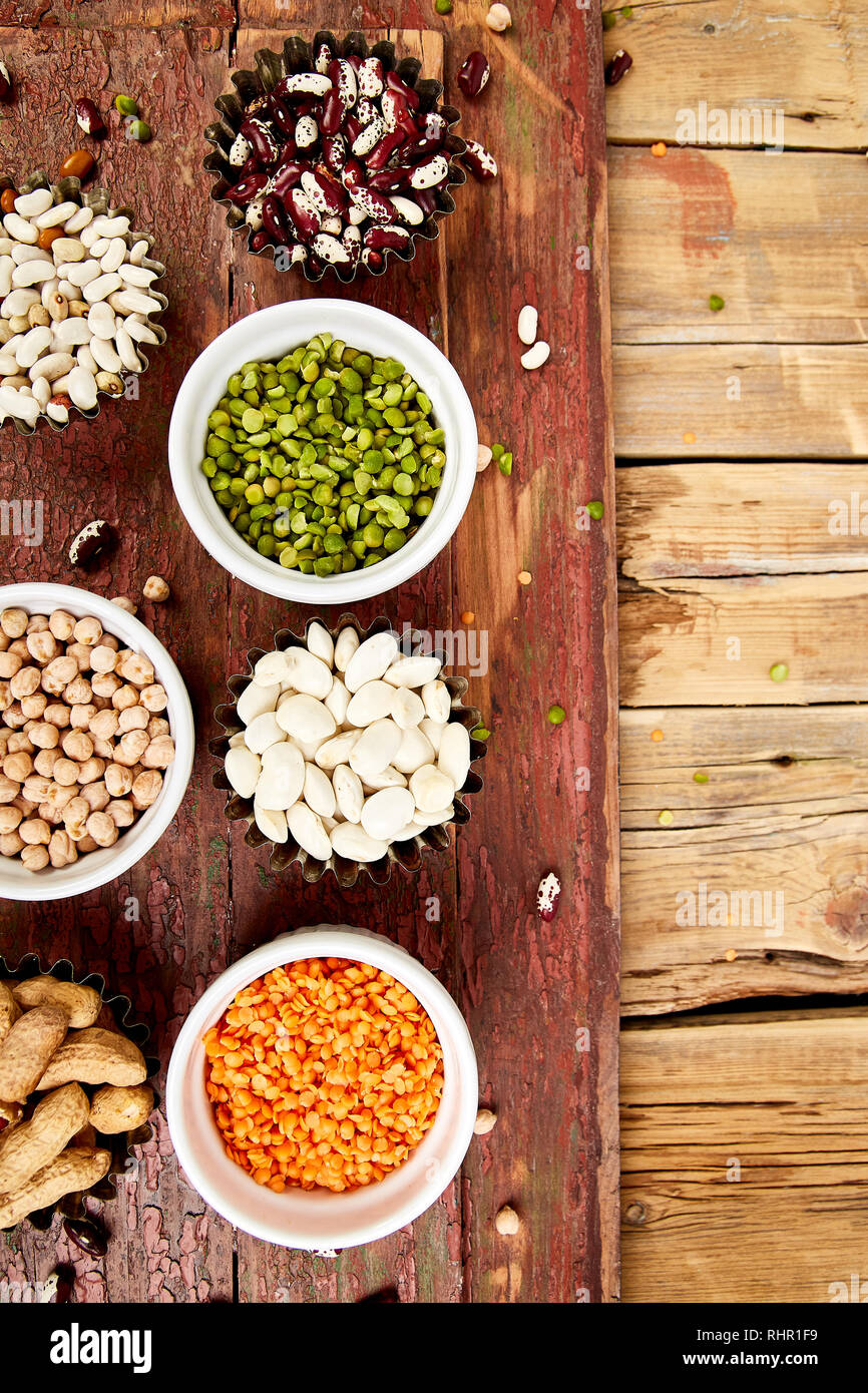 Collection set of beans and legumes red turkish lentils, chickpeas