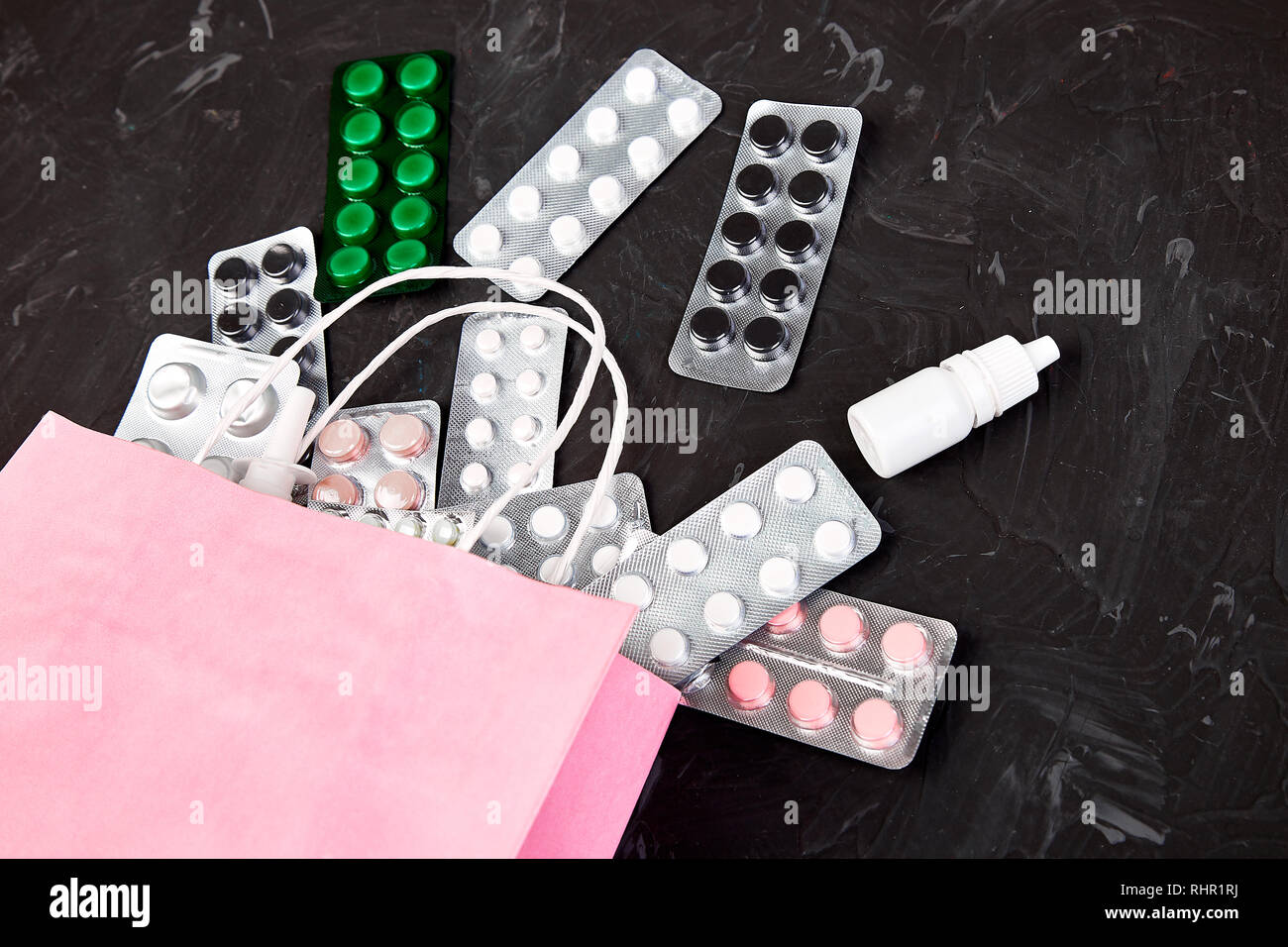 Shopping Bag Assorted Medicine Pills And Blister On Dark