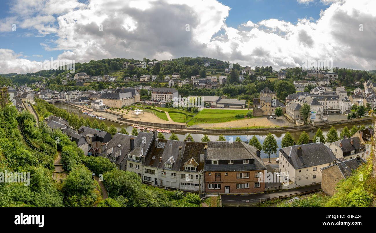 Panoramic view of the beautiful medieval town of Bouillon on the river