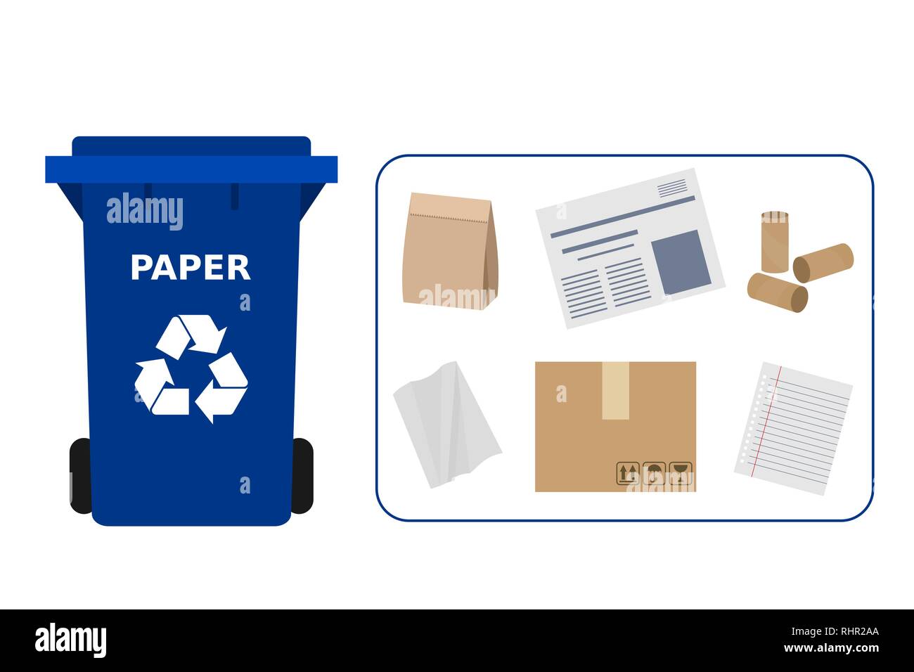 Blue trash can with paper waste suitable for recycling. Paper recycle, segregate waste, sorting garbage, eco friendly, concept.White background.Vector Stock Vector