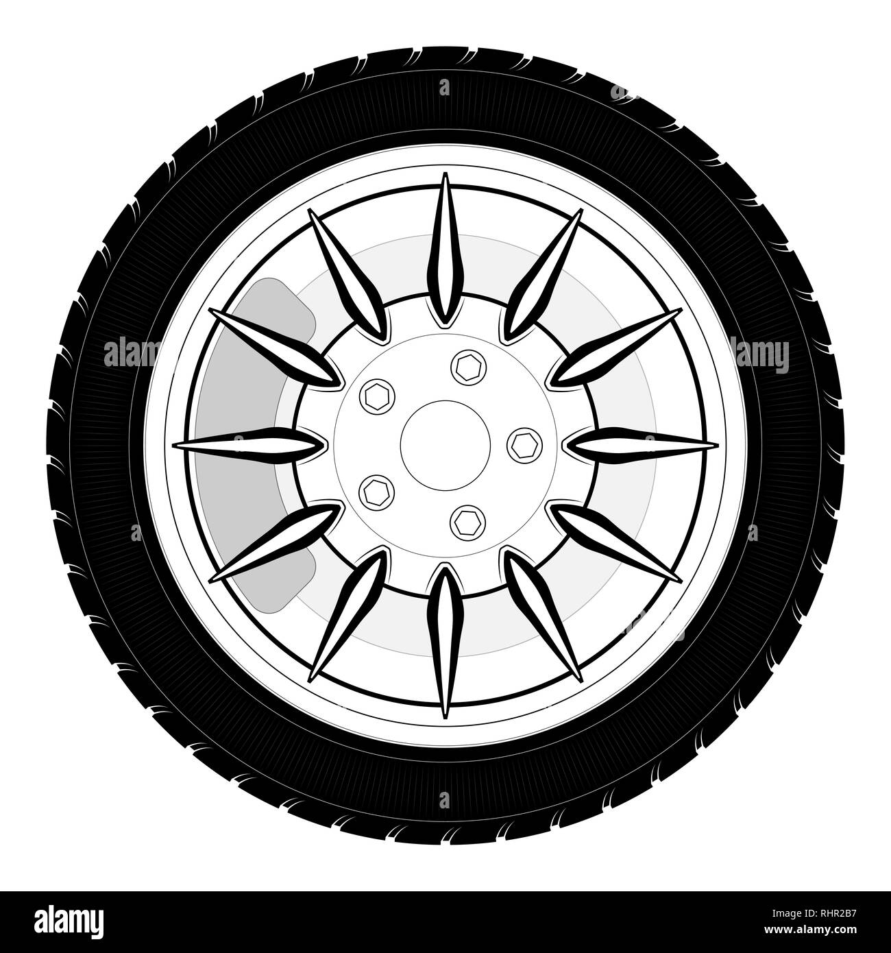 Automobile wheel with a disk and the tire. Black simple image. The logo or emblem of the tire business or store Stock Vector