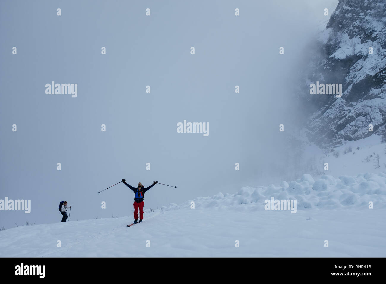 A man ski touring in Slovenian Alps Stock Photo
