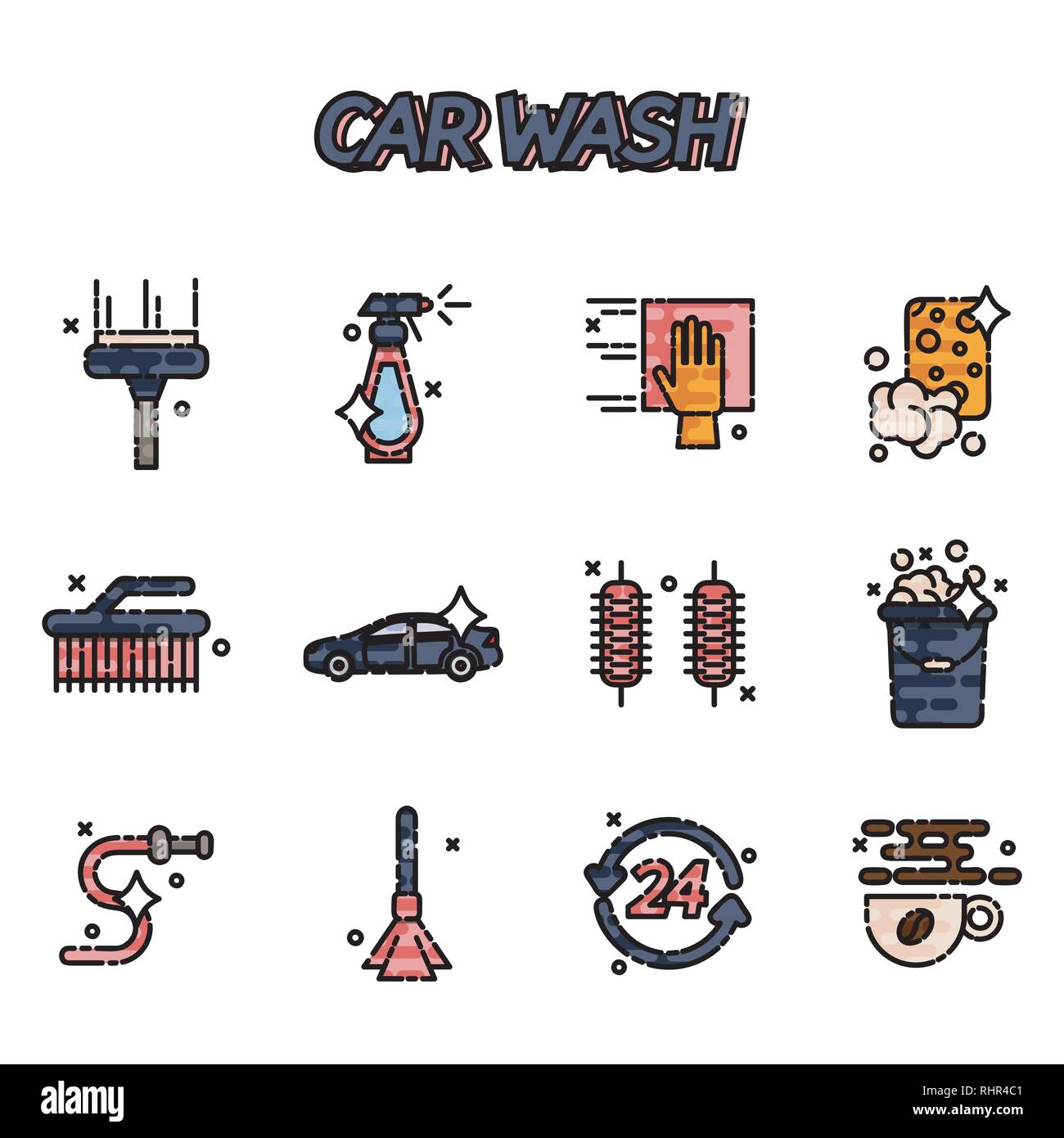 Car wash flat auto cleaner washer shower service isolated icons vector illustration Stock Vector