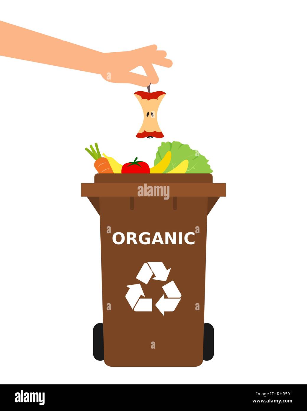 Hand throwing an eaten apple into a recycle bin. Recycling organic waste, compost, segregate