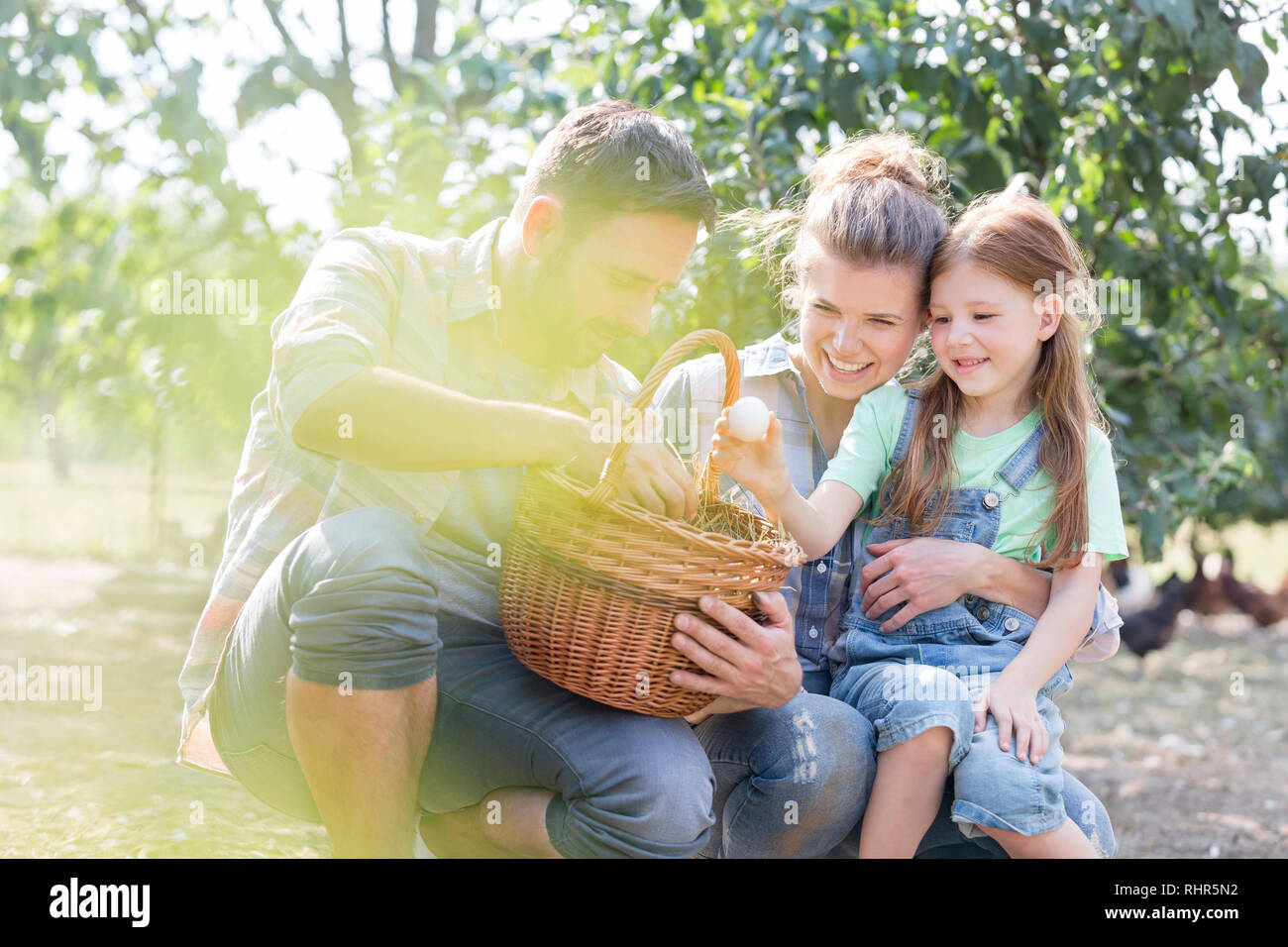 Happy parents and daughter looking at fresh eggs in basket Stock Photo