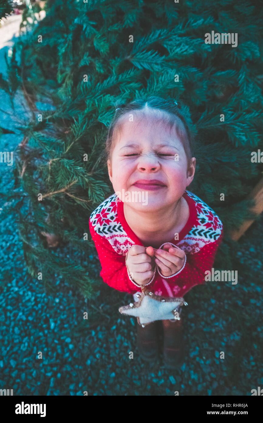 Little girl in red dress on Christmas tree farm Stock Photo Alamy