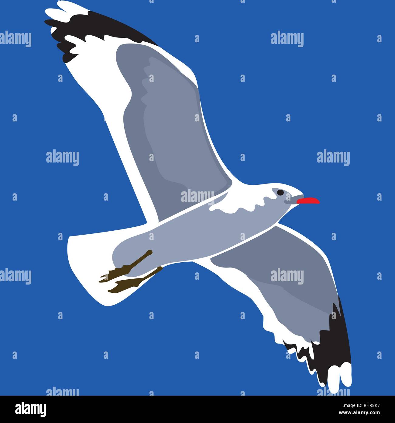 White seagull flying in the sky on blue background, vector illustration Stock Vector