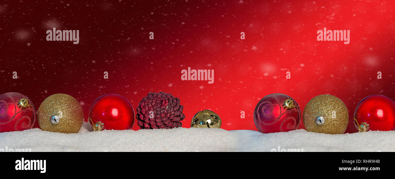 Horizontal red color Christmas banner with hanging balls Stock Photo ...