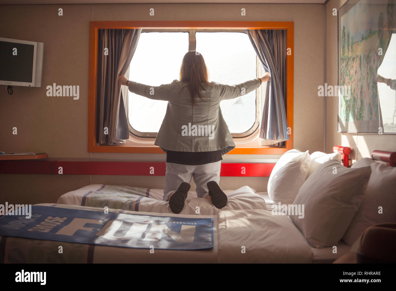 Woman Opening Curtains Happy High Resolution Stock Photography and Images -  Alamy