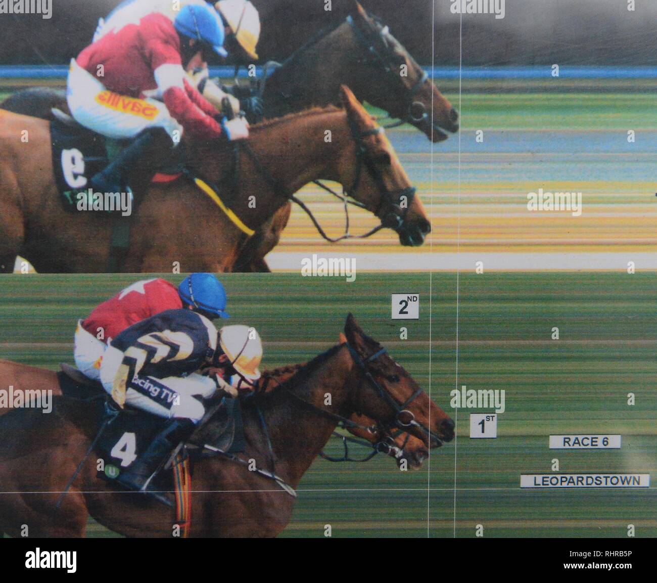 The photo finish print shows Bellshill and Ruby Walsh ahead of Road to Respect and Sean Flangan during day two of the Dublin Racing Festival at Leopardstown Racecourse. Stock Photo