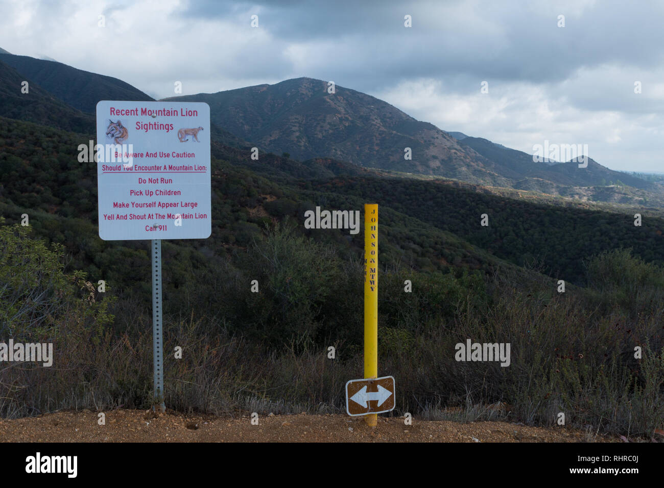 Sign warning for recent mountain lion sightings in Claremont, California Stock Photo