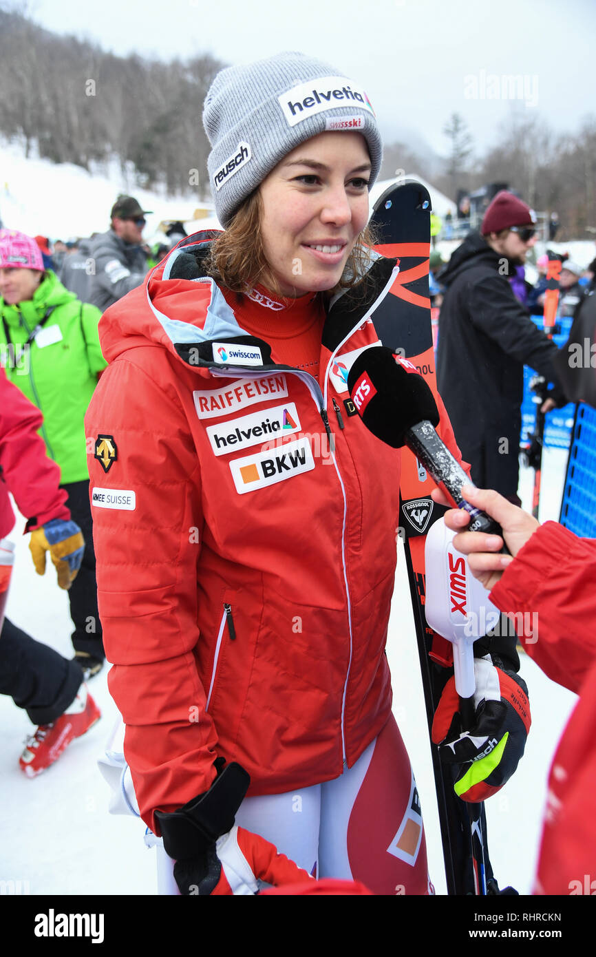 KILLINGTON, USA - NOVEMBER 25 RTS TV making Interview with Gissin Michelle from Suisse during the Audi FIS Alpine Ski World Cup Womens Giant Slalom Stock Photo