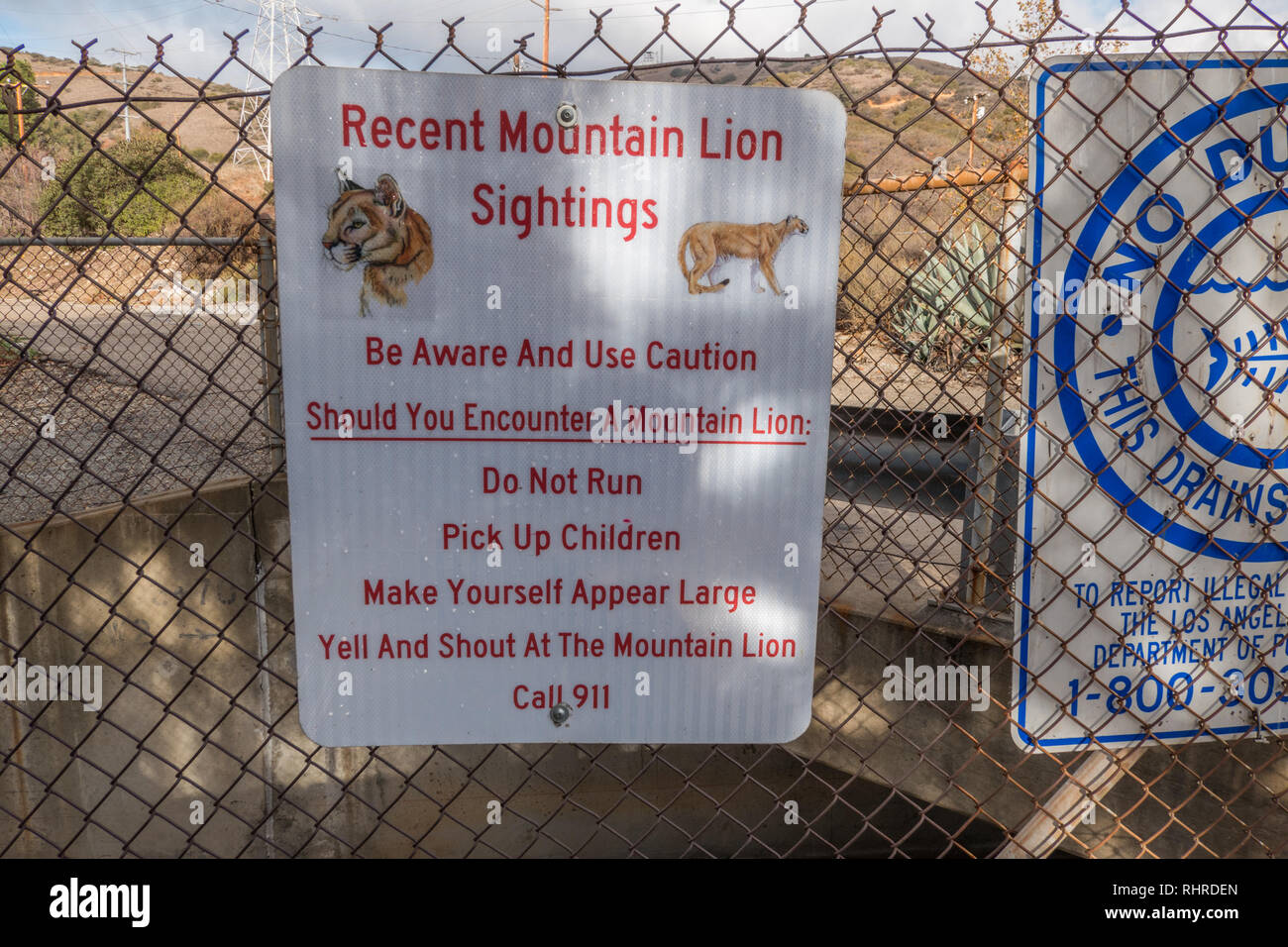 Sign warning for recent mountain lion sightings in Claremont, California Stock Photo