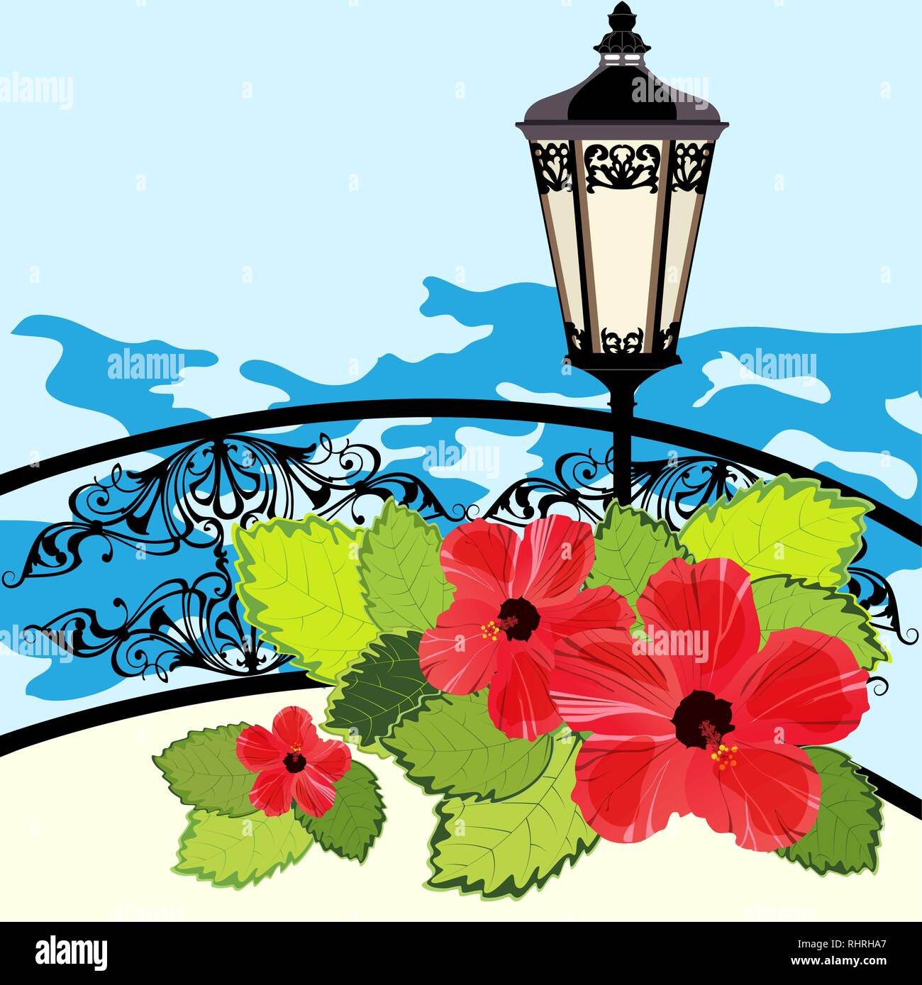 Tropical coastline, lantern, fence and flowers, vector illustration Stock Vector