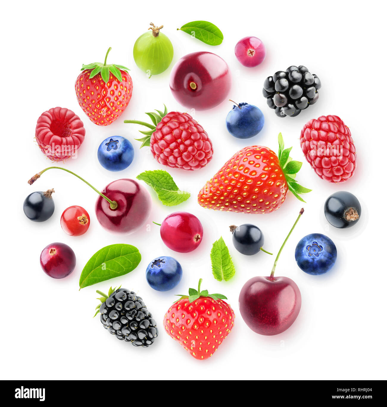 Isolated fresh berries in a circular composition. A group of strawberry, cherry, blackberry and other fresh berries isolated on white background with  Stock Photo