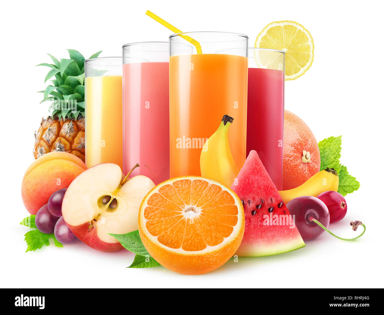 Isolated juices. Glasses of fresh juice and pile of fruits and berries isolated on white background with clipping path Stock Photo