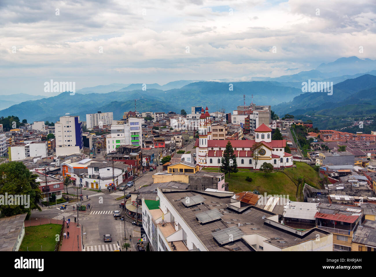 MANIZALES, COLOMBIA - JUNE 1: Our Lady of the Rosary Church and surrounding neighborhood in Manizales, Colombia on June 1, 2016 Stock Photo