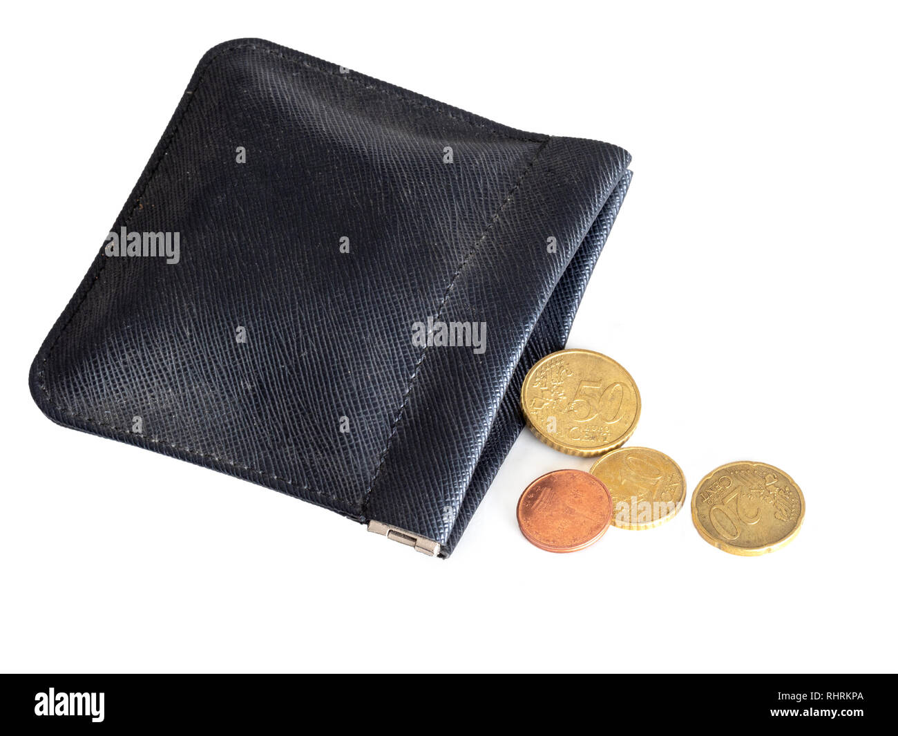 Purse almost empty, running out of money, euros. Financial, banking crisis, EU, Europe, Italy etc or poverty in the Union. Concept, metaphor. Stock Photo