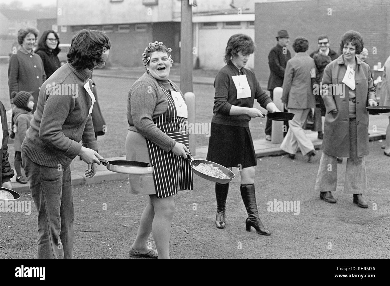 Pancake race, Bettws shopping centre, Newport, South Wales, 1975 Stock Photo