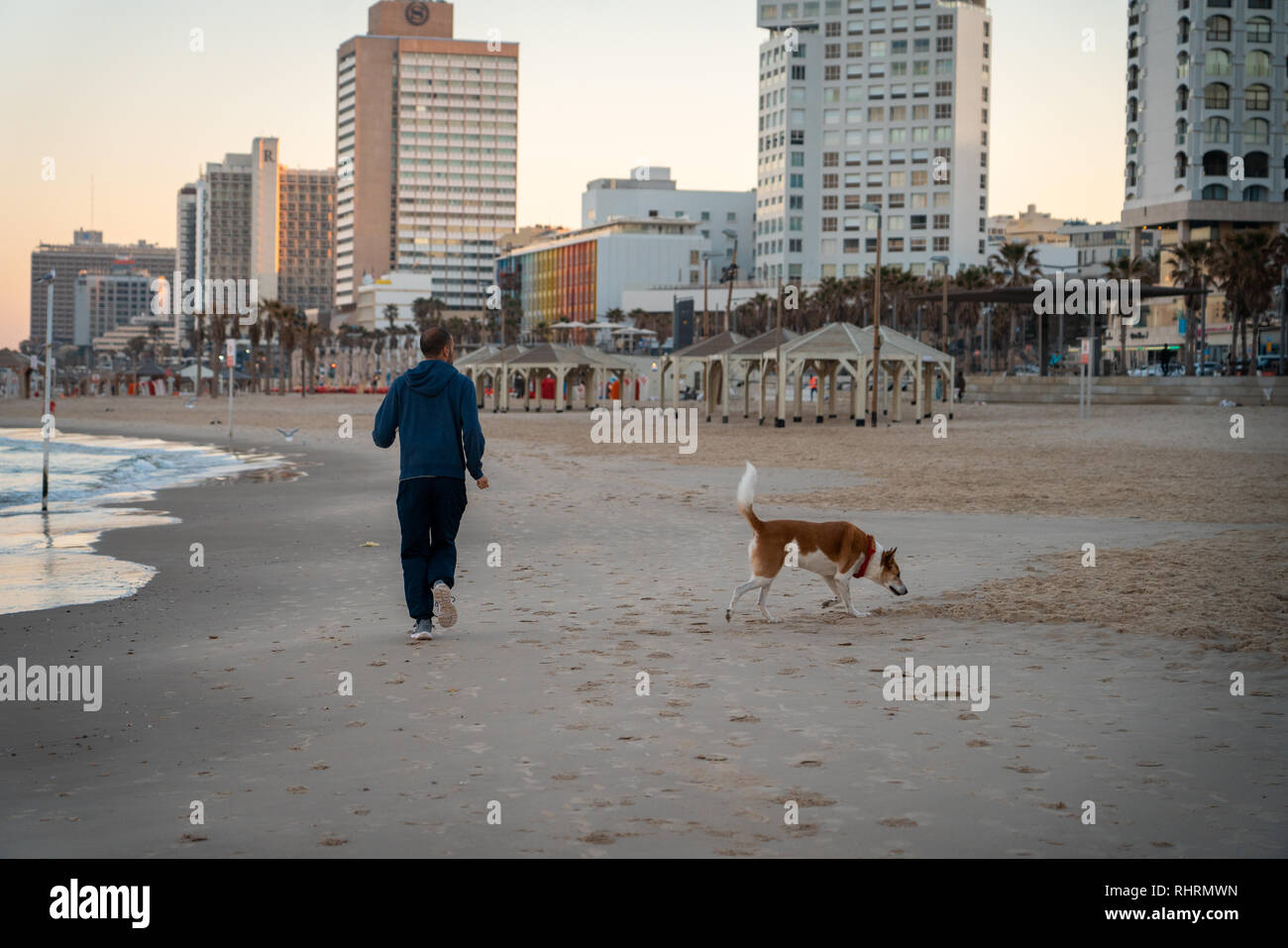 A man runs with his dog on the Tel Aviv beach Stock Photo