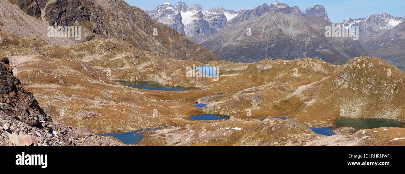 Lakes and peaks of Swiss National Park, Switzerland, in summertime Stock Photo