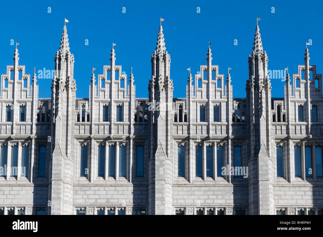 Marischal College Aberdeen, architectural detail of granite pinnacles - now the headquarters of Aberdeen City Council Stock Photo