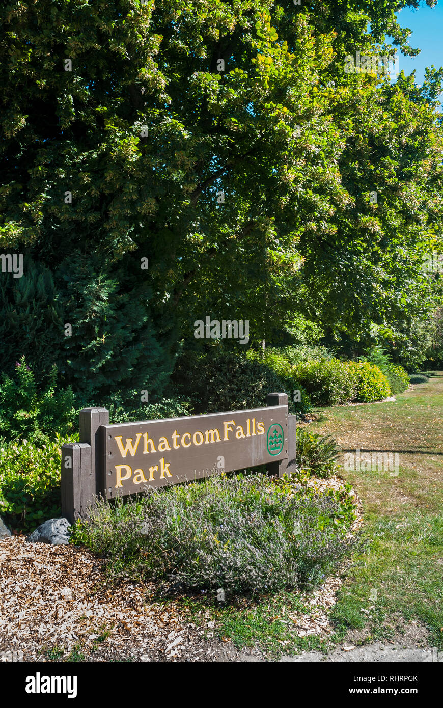 Entrance to Whatcom Falls Park in Bellingham, Washington. Stock Photo