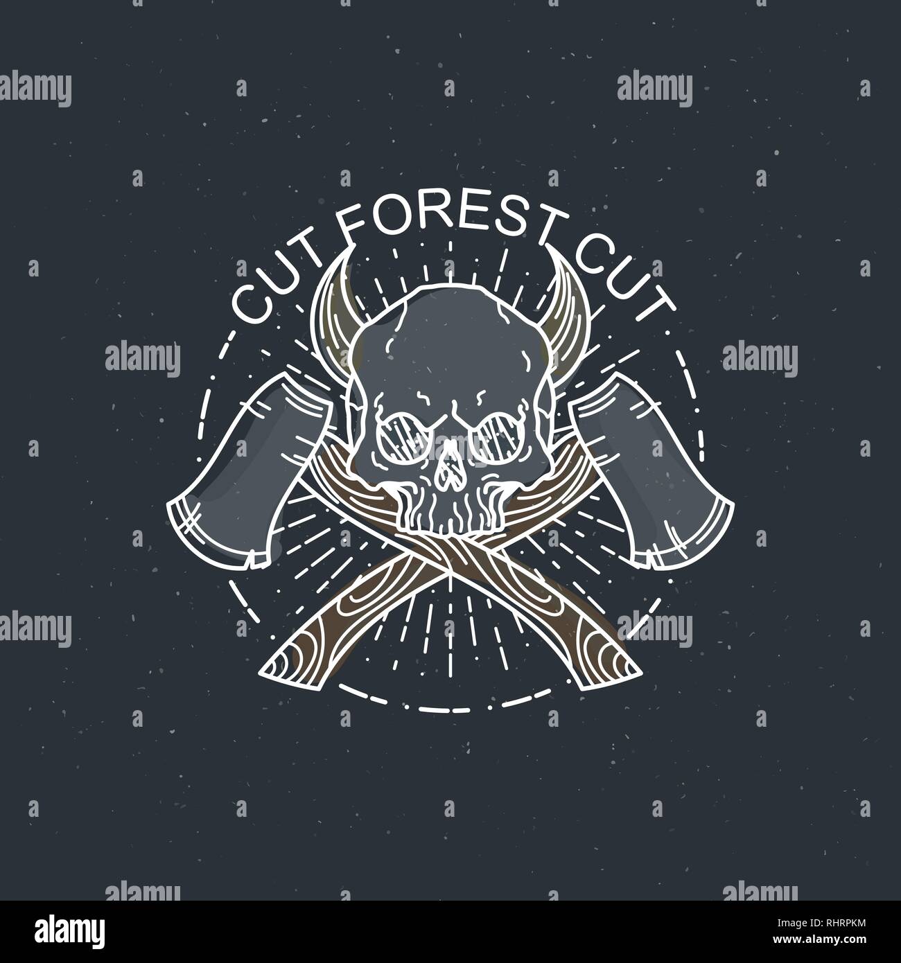 Cut forest cut. Vector illustration of color tattoo graphic human skull with axes and horns. Lined symbol Stock Vector