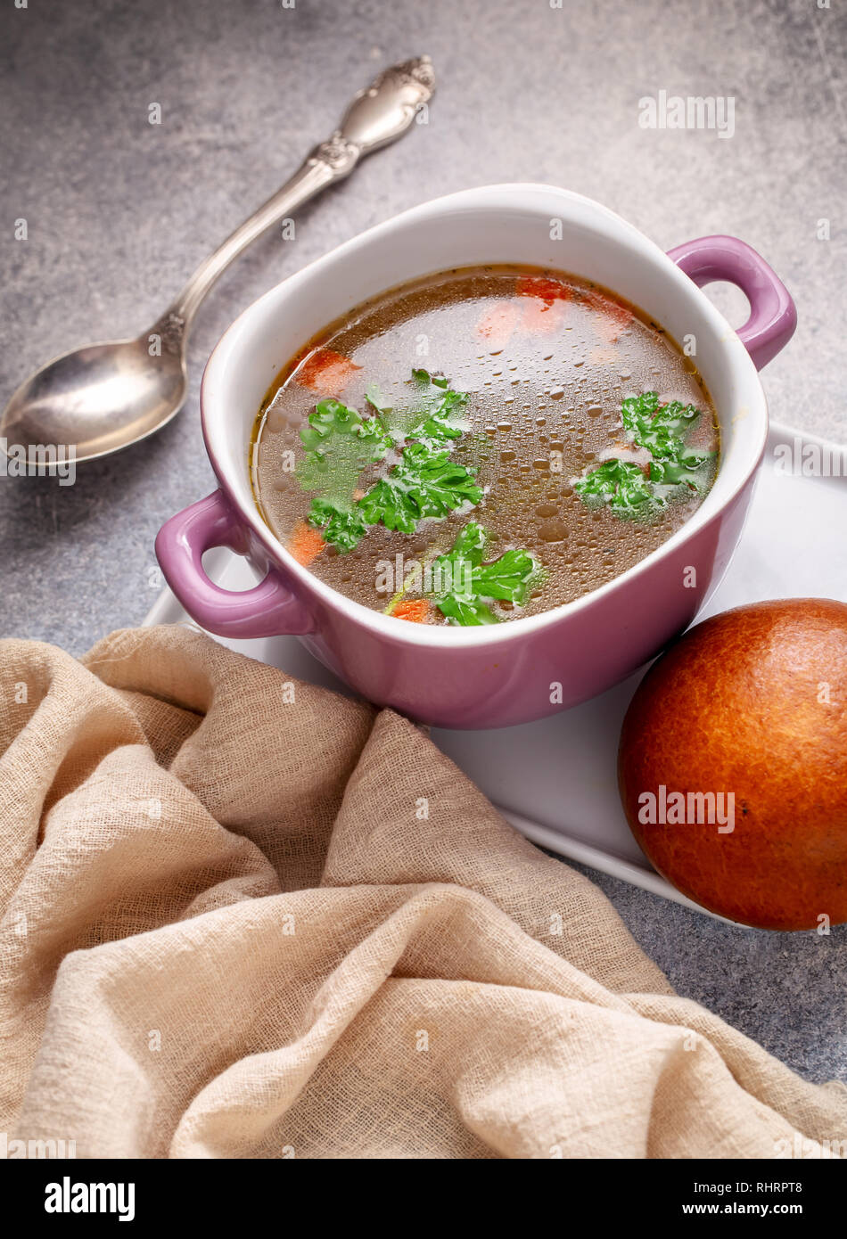 Chicken bouillon broth clear soup hires stock photography and images