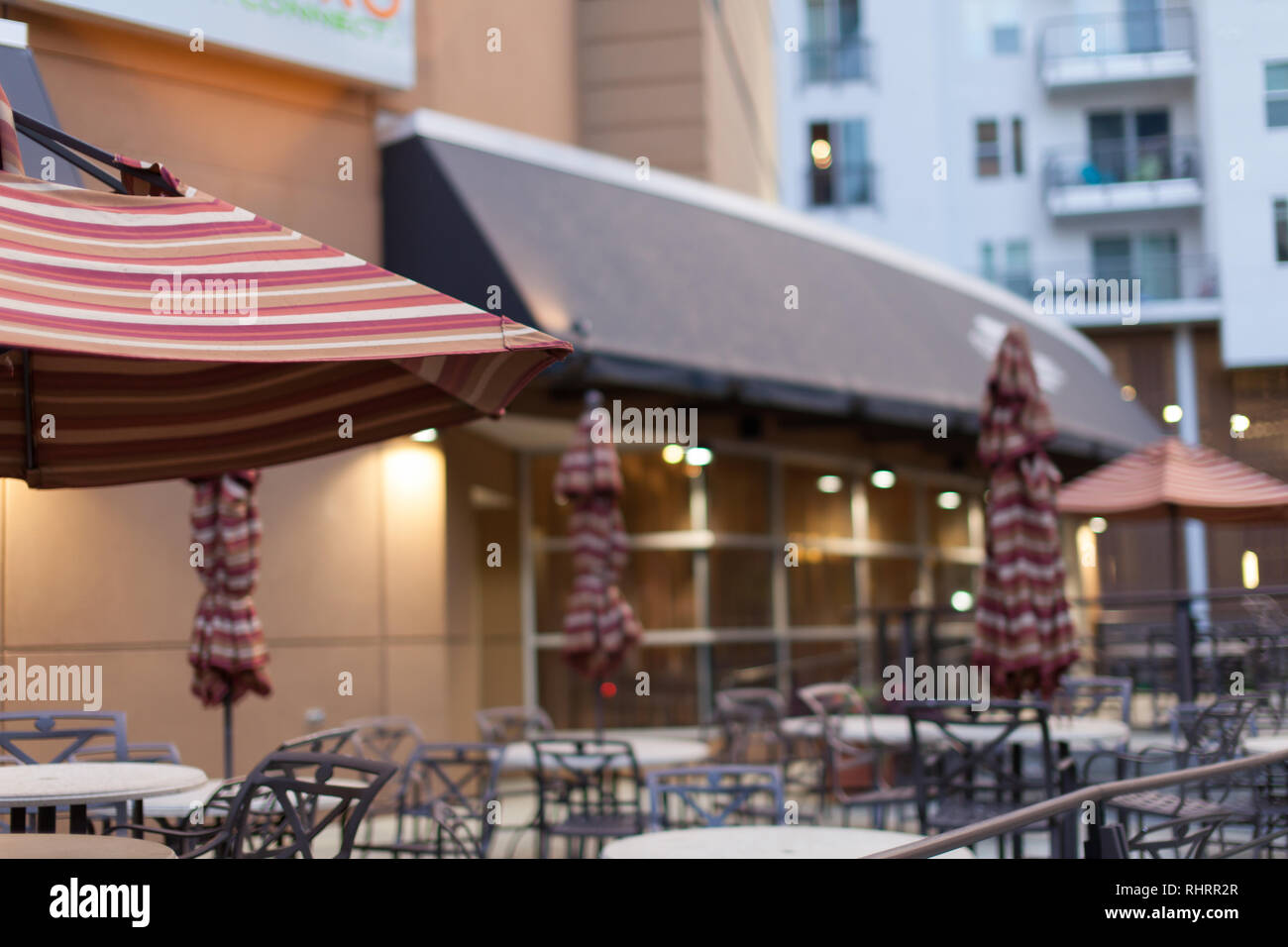 Outdoor seating at a cafe. Stock Photo
