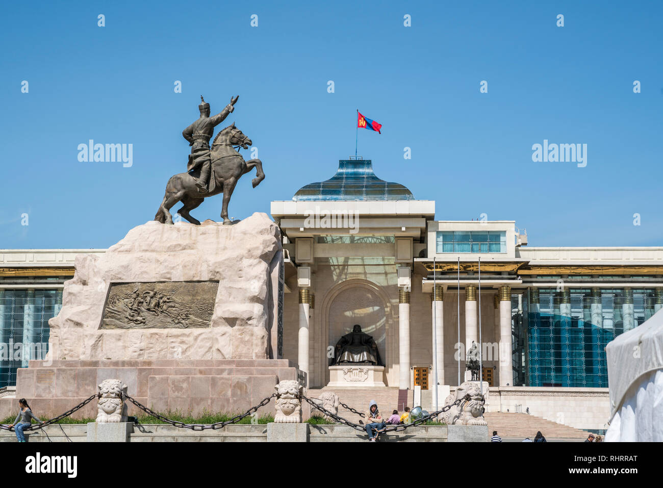 Damdin Sukhbaatar statue and Government palace. Ulan Bator, Mongolia. Stock Photo