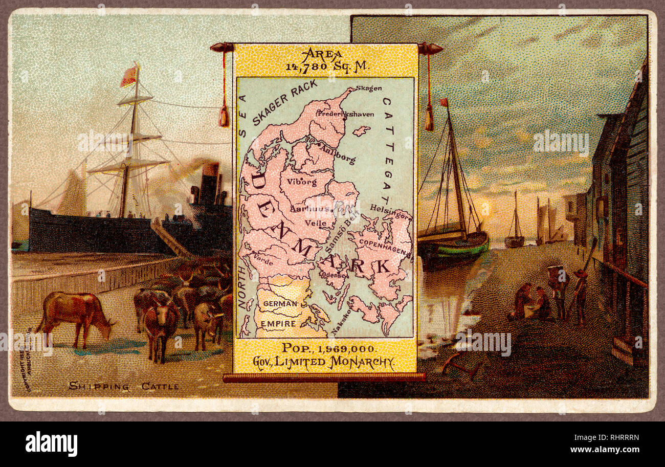 Antique advertising card, 1889, with map of Denmark  and scenery. Stock Photo