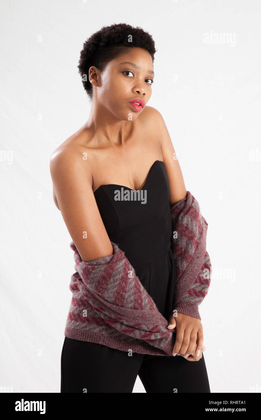 Beautiful Black woman with bare shoulders and a jacket Stock Photo - Alamy