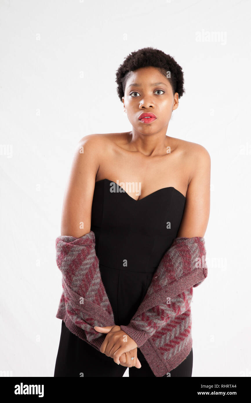 Beautiful Black woman with bare shoulders and a jacket Stock Photo - Alamy