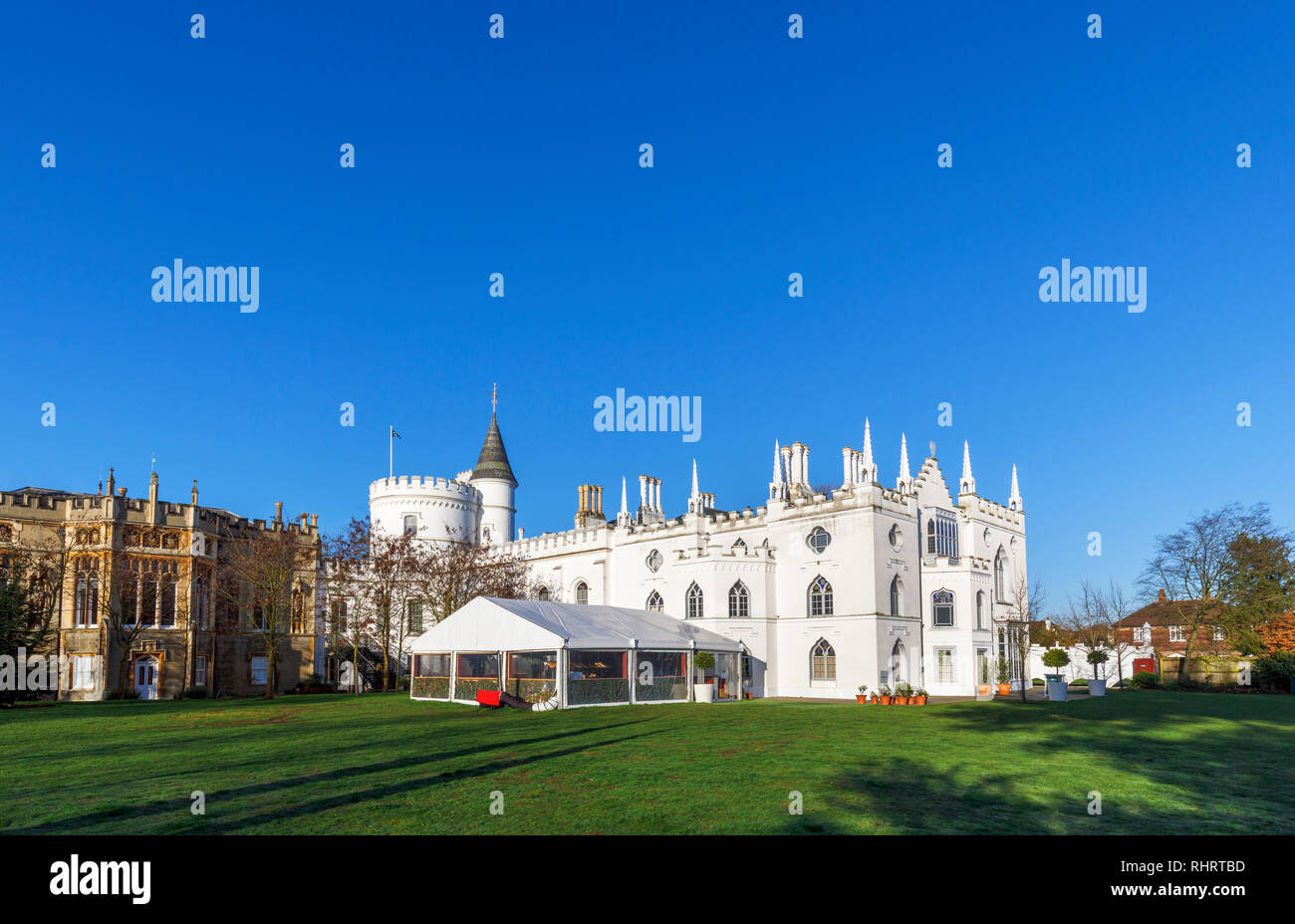 White walls of Strawberry Hill House, a Gothic Revival villa built in Twickenham, London by Horace Walpole from 1749, on a sunny day with blue sky Stock Photo