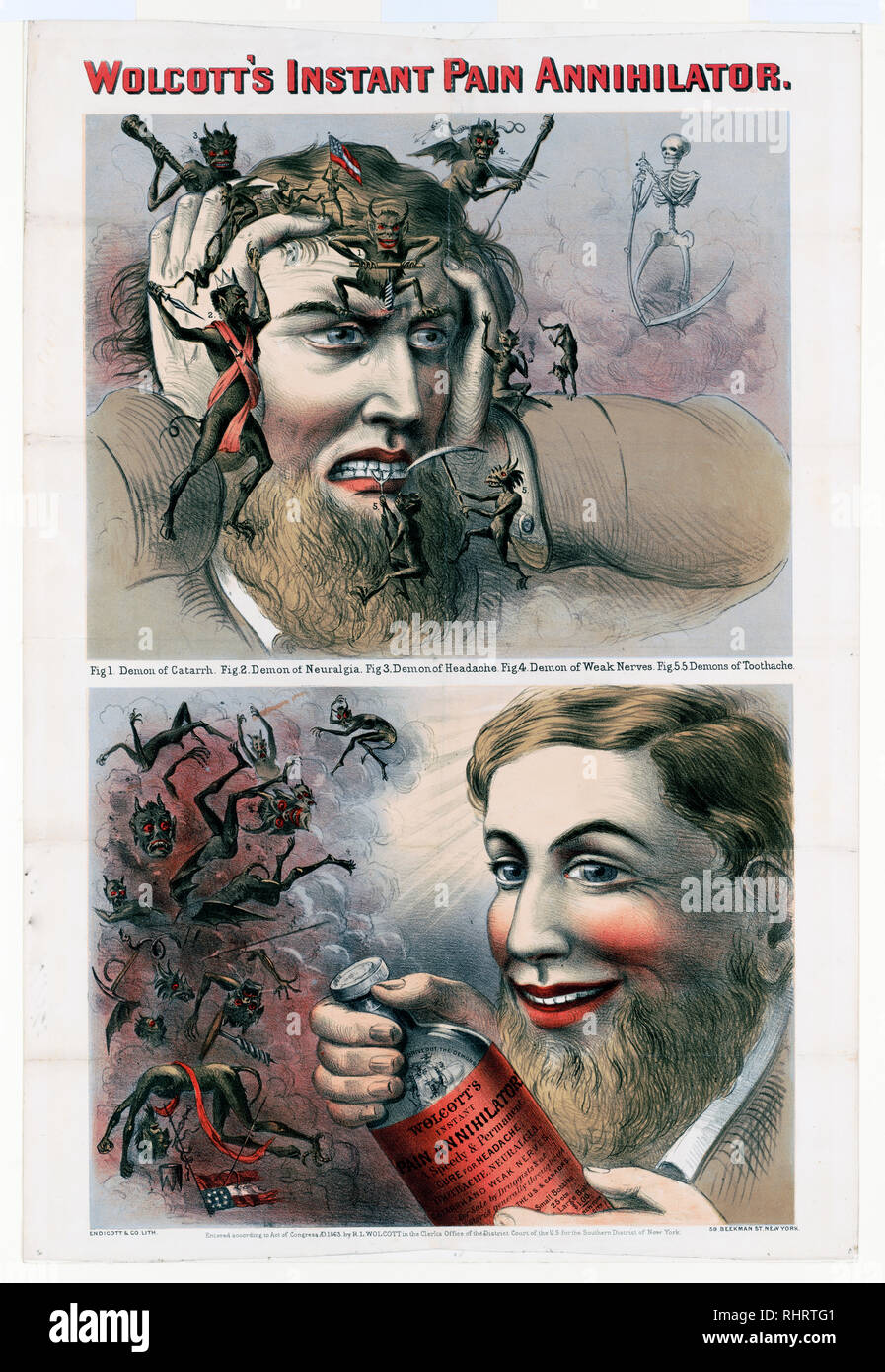 Print shows an advertisement for Wolcott's Instant Pain Annihilator with a man suffering the torment of many demons; he banishes them with Wolcott's formula. Stock Photo