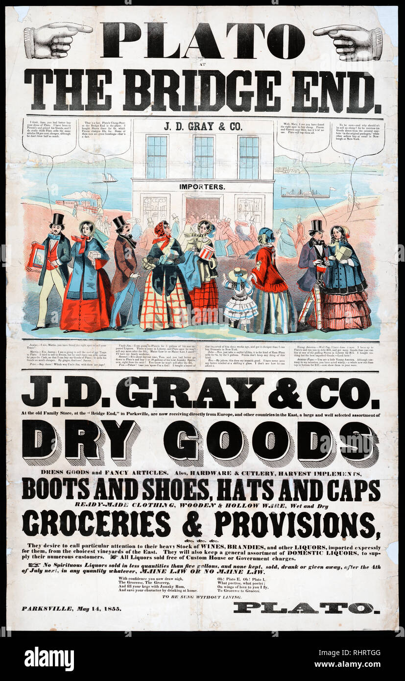 Print shows a large advertisement with fashionably dressed men and women outside 'J[ames] D. Gray & Co. Importers' with their purchases, as others race to enter the store in the background, also shows a railroad arriving on the left and steamships on a river in the distance. Stock Photo