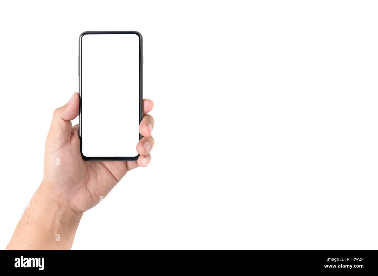 Man hand holding the black smartphone with blank screen isolated on ...