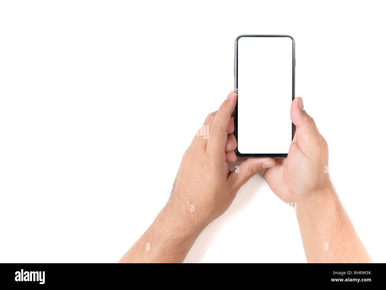 Man hand holding the black smartphone with blank screen isolated on ...