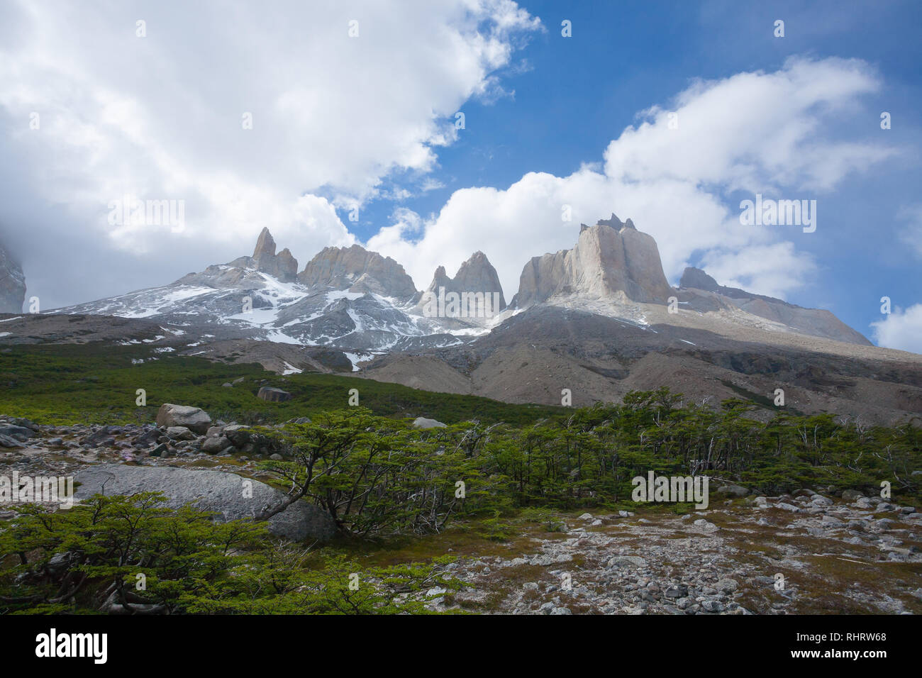 French Valley landscape, Torres del Paine National Park, Chile. Cuernos del Paine. Chilean Patagonia Stock Photo