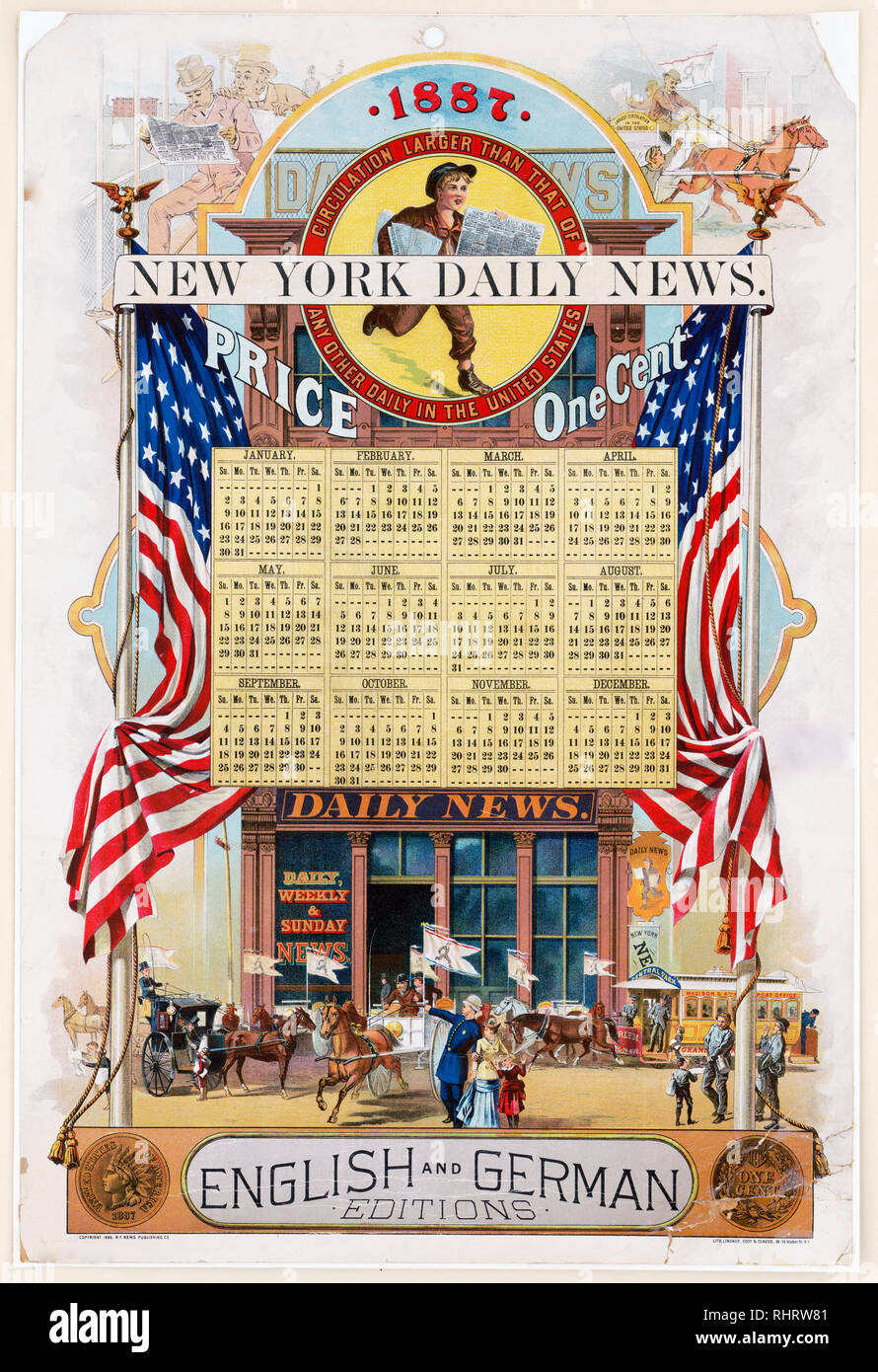Advertisement poster and calendar for the year 1887 for New York Daily News, showing a busy street scene in front of the 'Daily News' building, with a newsboy at top Stock Photo