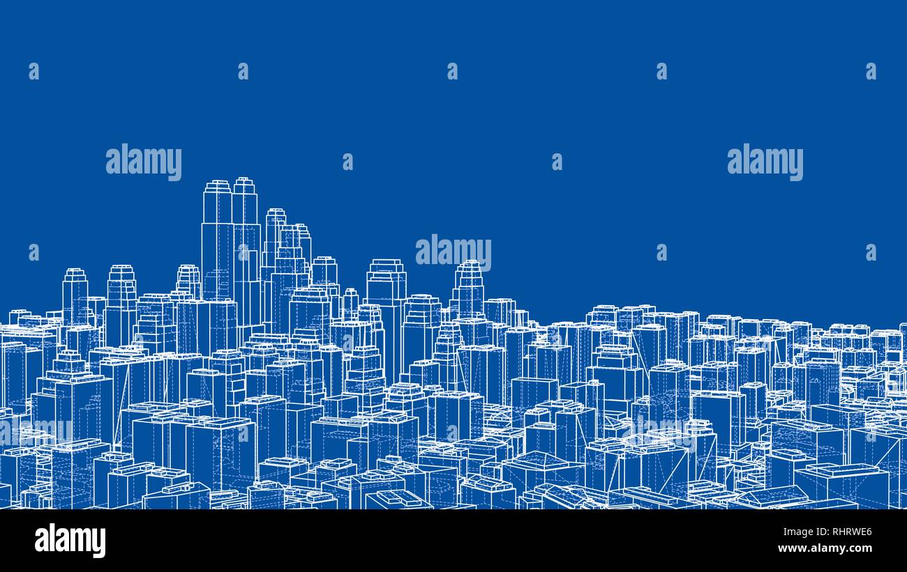 Wire-frame City, Blueprint Style Stock Vector