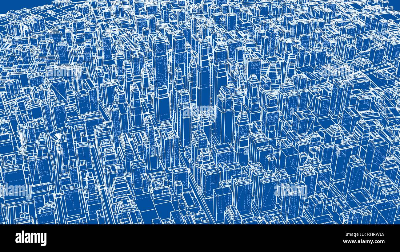 Wire-frame City, Blueprint Style Stock Vector