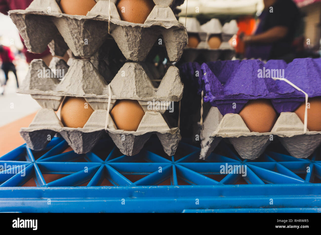 Close up of a display of fresh cage-free, free-range chicken eggs for sale at the Farmer's Market in Montrose, near Los Angeles, California Stock Photo