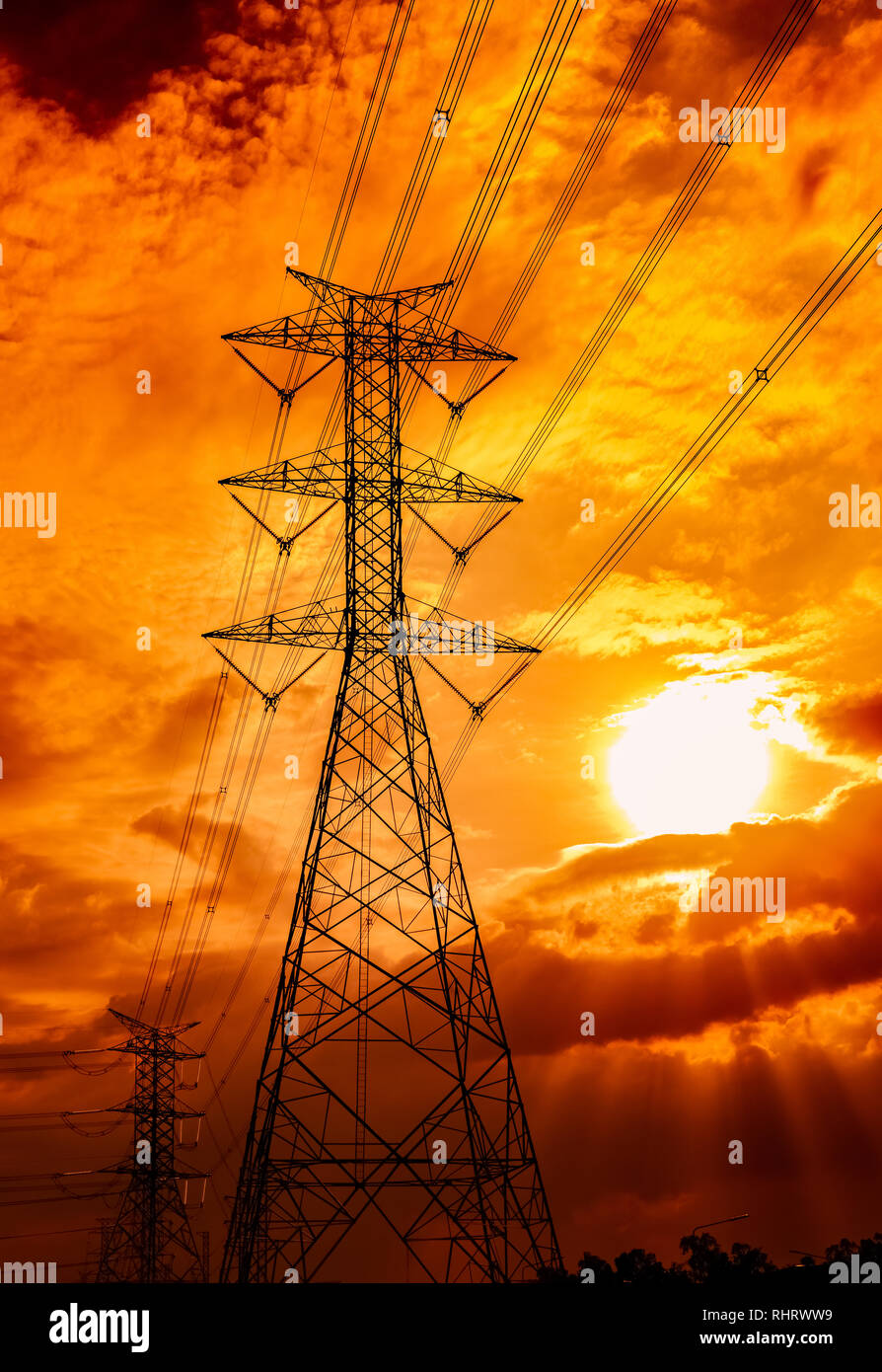 High voltage electric pole and transmission lines. Electricity pylons ...