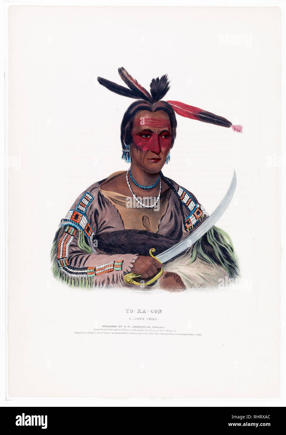 Print shows To-Ka-Con, head-and-shoulders portrait, facing slightly right, wearing a beaded garment and earrings, and holding a sword across his chest with his right hand. Stock Photo