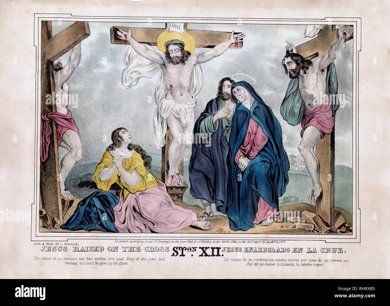 Jesus Christ and two men on crosses, Mary and others mourning below. Stock Photo