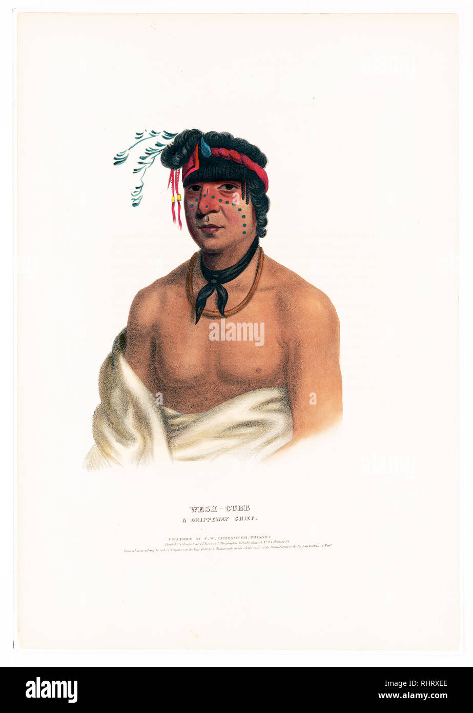 Print shows Wesh-Cubb, a Chippeway chief, half-length portrait, facing front, wearing a twisted band around his hair, a necktie, and holding a blanket off his shoulders. Stock Photo