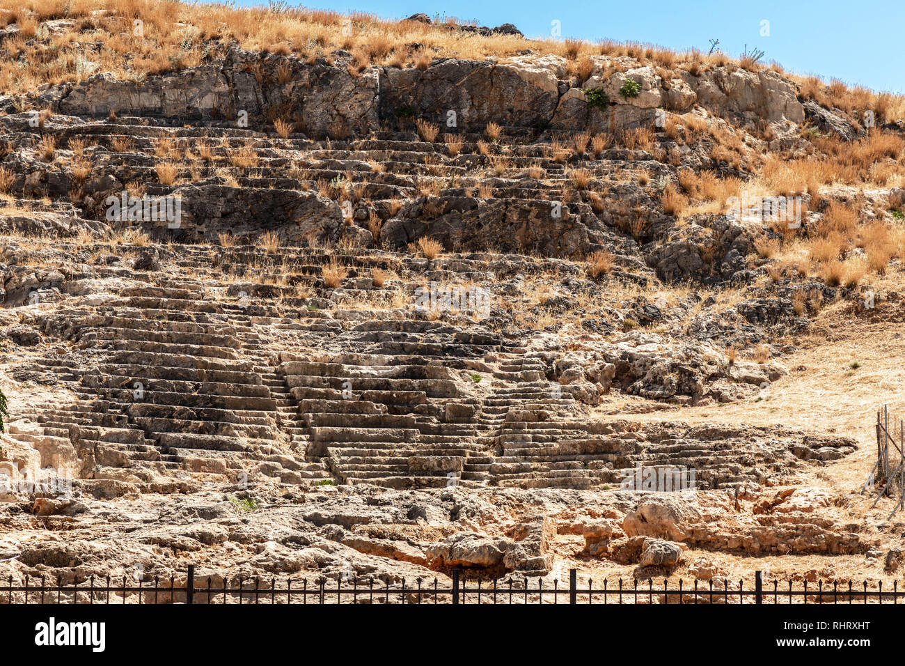 The Ancient Theatre and the Tetrastoon of Lindos Stock Photo